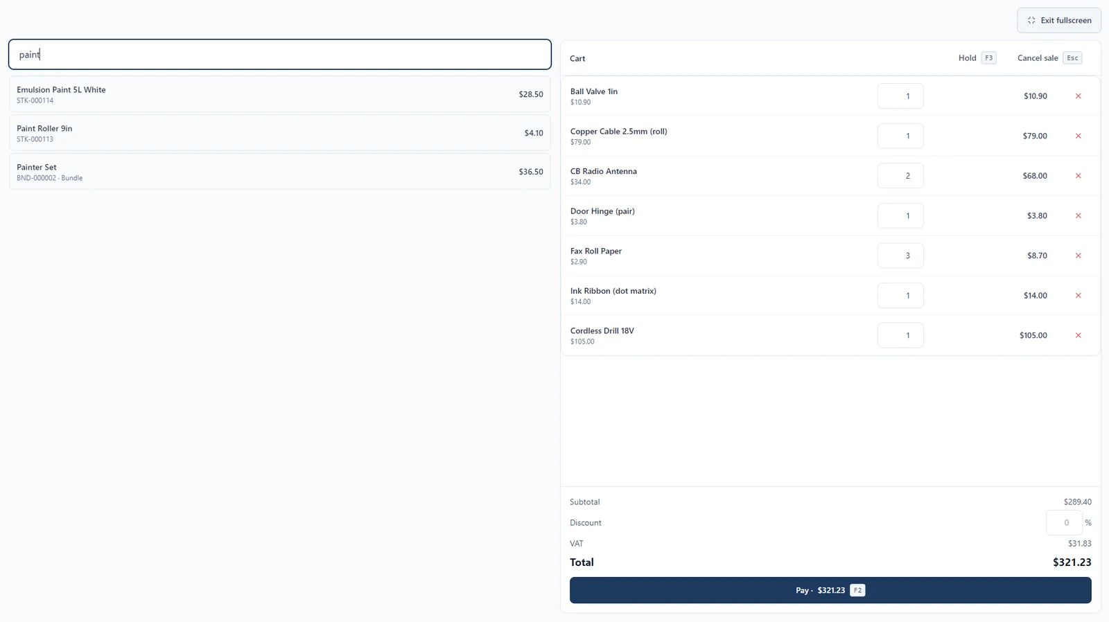 The point-of-sale register mid-sale: a product search on the left with matching results, a cart of seven lines with editable quantities on the right, and subtotal, discount, VAT and total above the pay button.