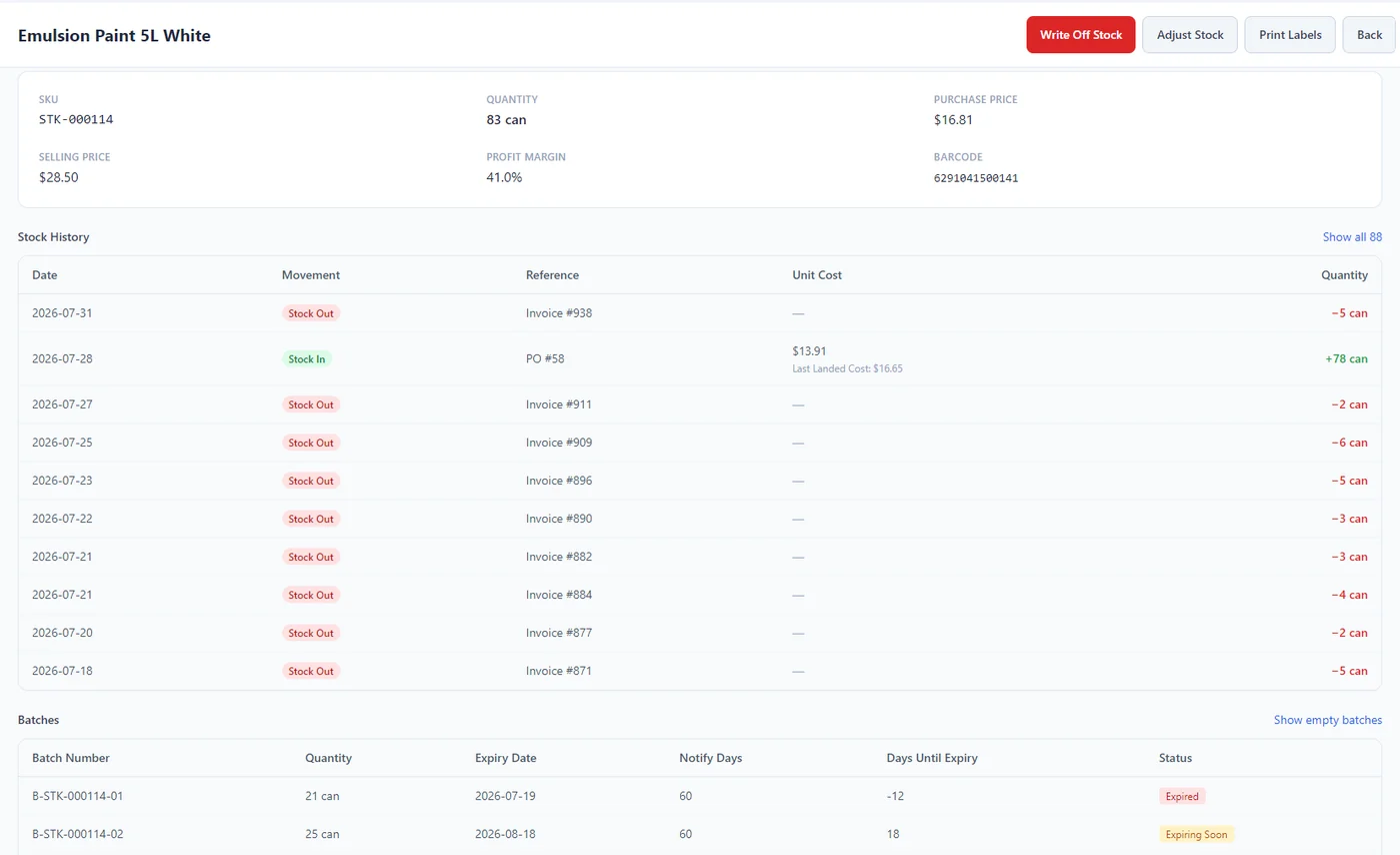 A product page for Emulsion Paint 5L White showing SKU, quantity, purchase and selling price, a stock history of receipts and sales against each invoice, and a batch table with expiry dates marked Expired and Expiring Soon.