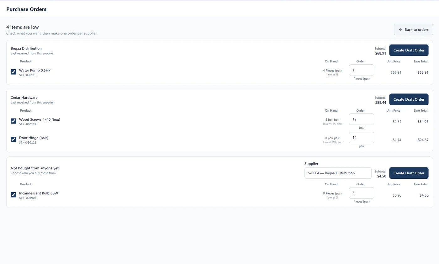 The suggested order screen listing four low-stock products grouped under the supplier who last delivered them, each with its on-hand quantity, low-stock threshold and a suggested order quantity, plus a Create Draft Order button per supplier. A final group collects products not yet bought from anyone, with a supplier still to be chosen.